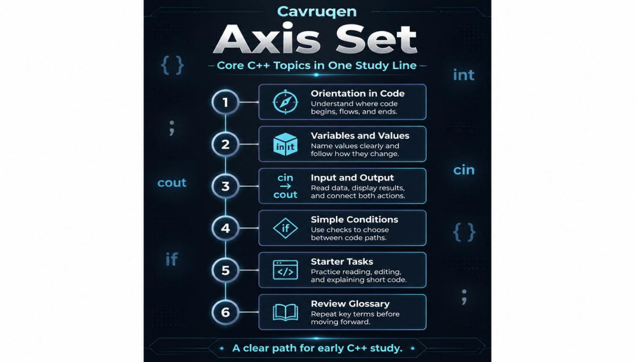 Cavruqen Axis Set C++ topics outline on a dark background