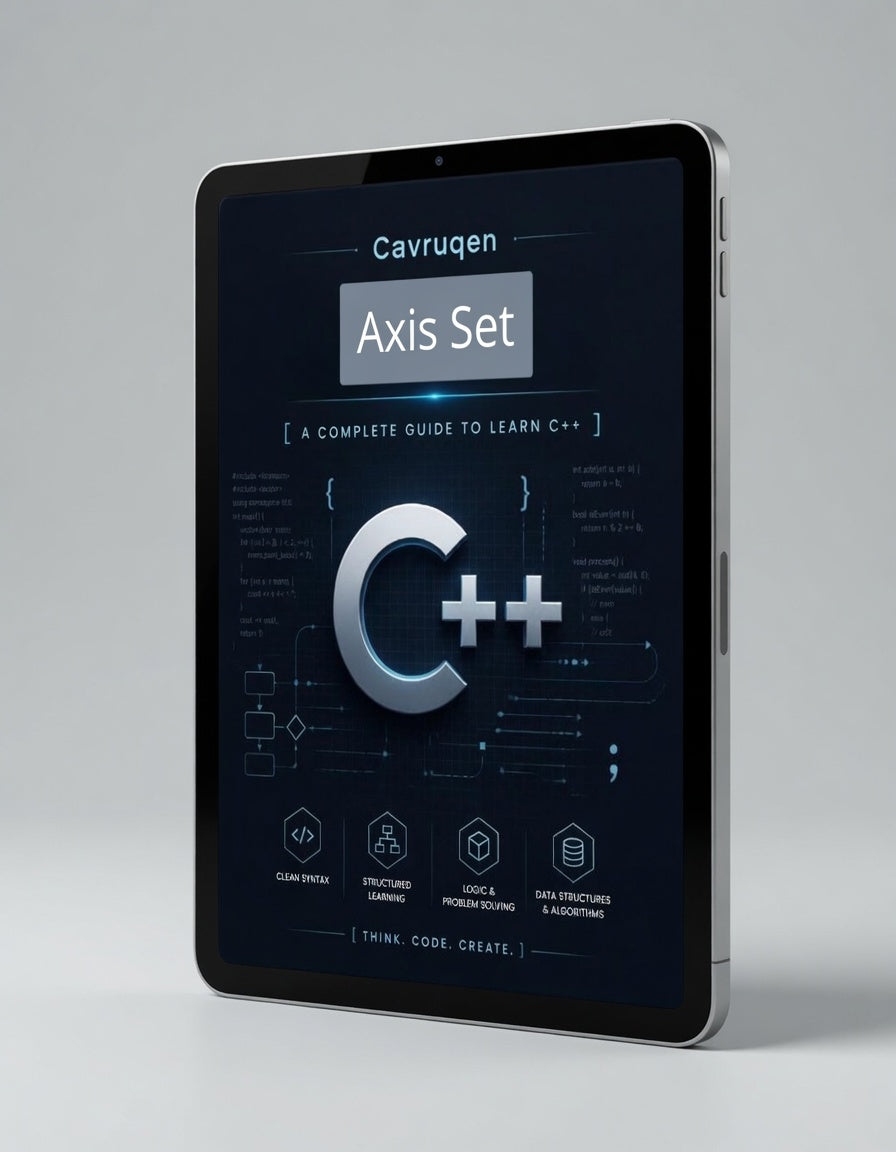 Tablet displaying a C++ learning guide on a gray background