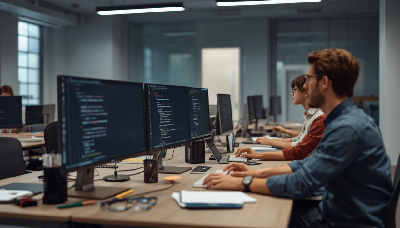 Group of people working on computers in a modern office setting