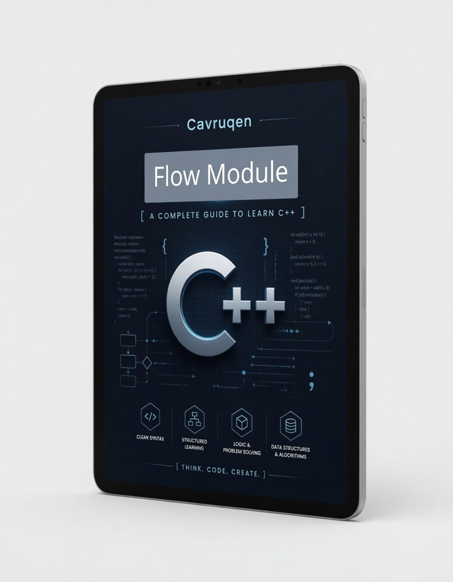 Tablet displaying a C++ learning module on a white background