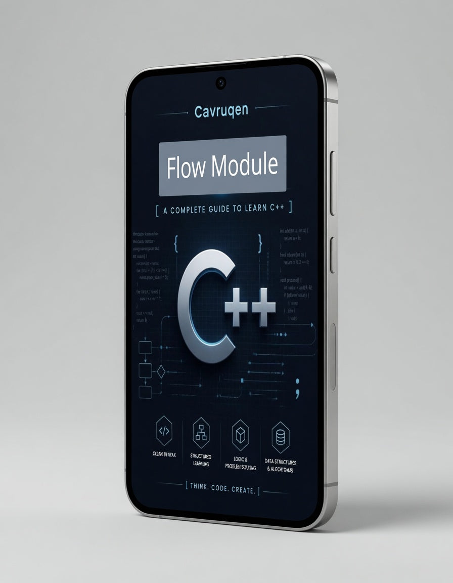 Phone displaying a C++ learning app with 'Cavruqen' branding on a gray background
