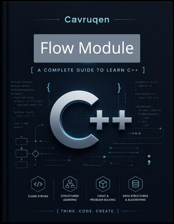 Book cover of 'Cavruqen Flow Module' on a dark background with C++ symbols.