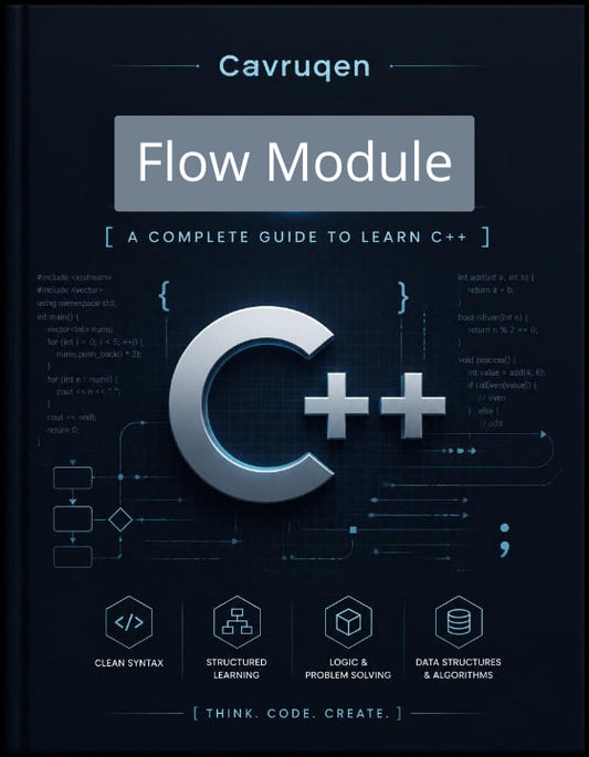 Book cover of 'Cavruqen Flow Module' on a dark background with C++ symbols.