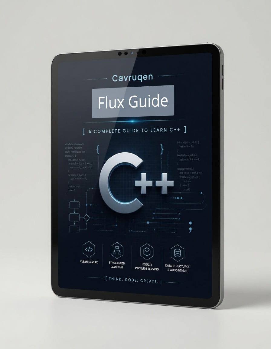 Tablet displaying a C++ learning guide on a gray background