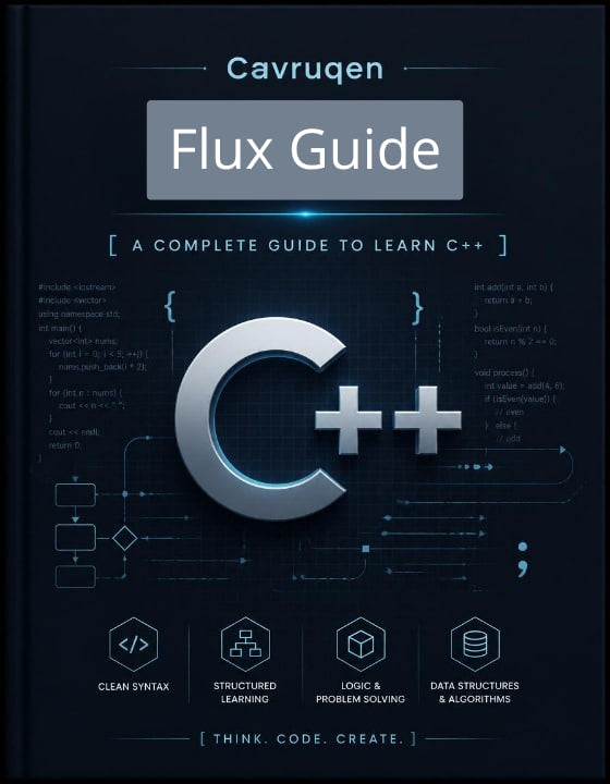 Book cover of 'Cavruqen Flux Guide' on a dark background with C++ symbols.