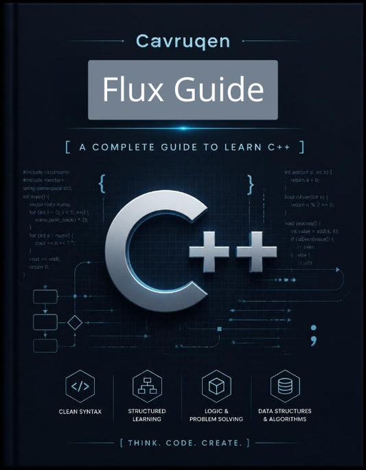 Book cover of 'Cavruqen Flux Guide' on a dark background with C++ symbols.