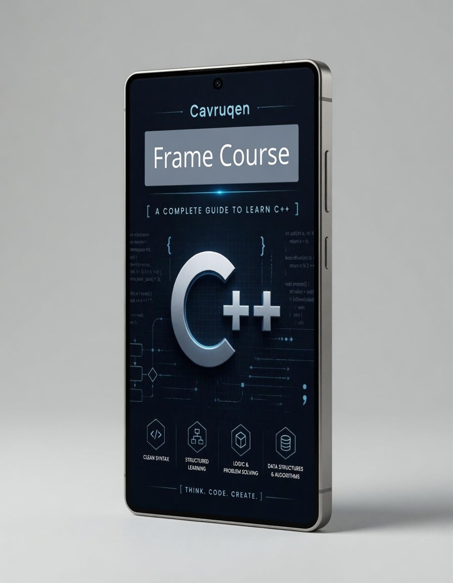 Phone displaying a C++ learning app with 'Cavruqen' branding on a gray background