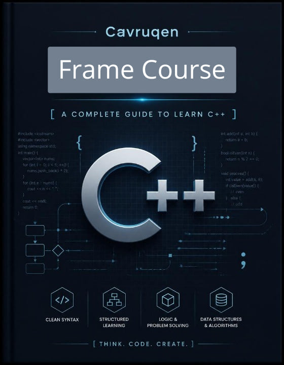 Book cover of 'C++ Frame Course' by Cavruqen on a dark background with C++ symbols and text.