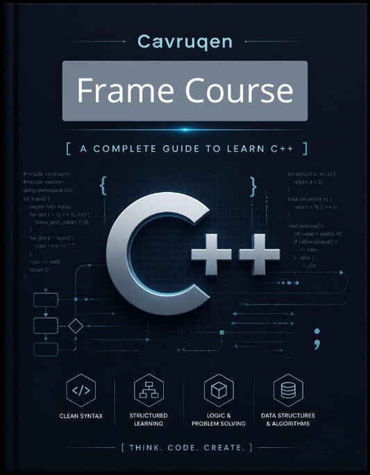 Book cover of 'C++ Frame Course' by Cavruqen on a dark background with C++ symbols and text.