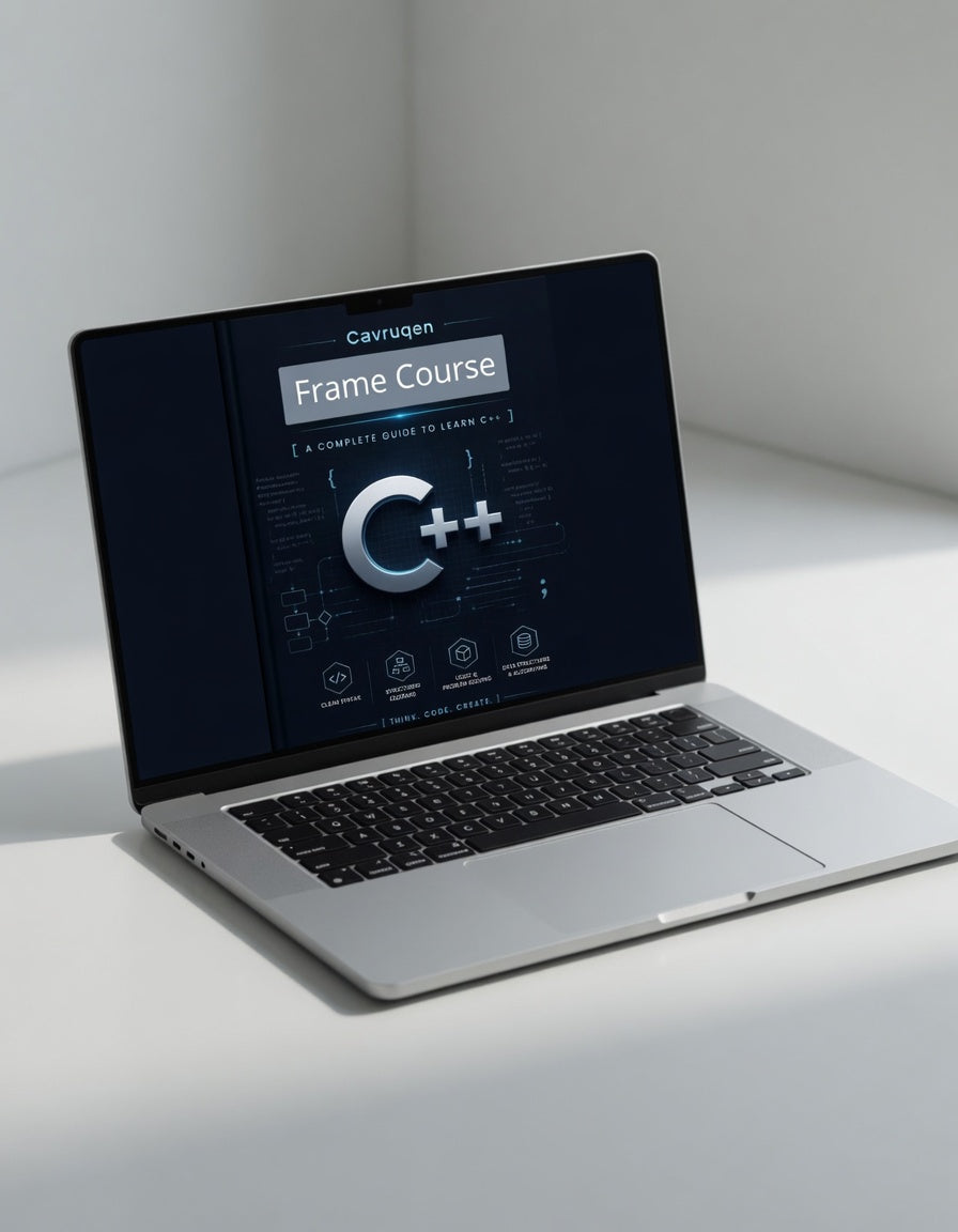Laptop displaying a C++ course on a white surface with a light gray background