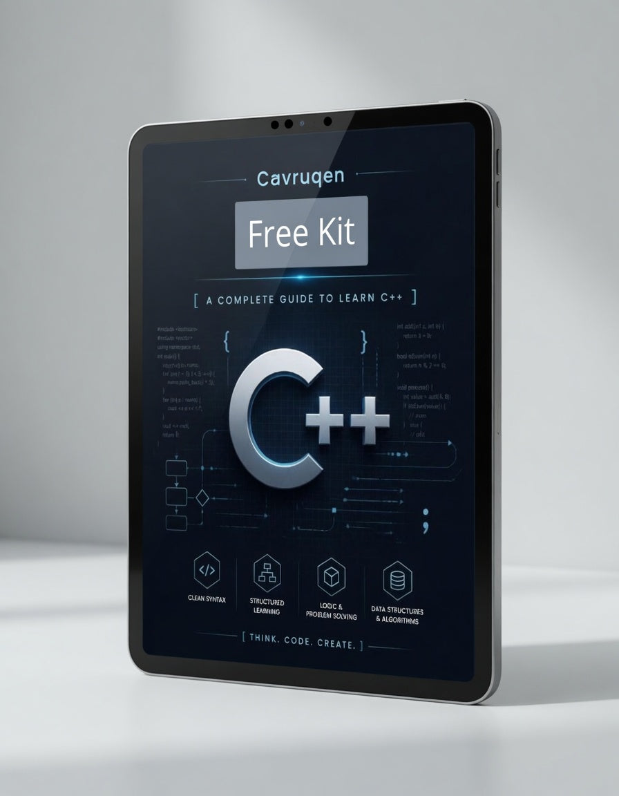 Tablet displaying Cavrugen Free Kit for learning C++ on a gray background