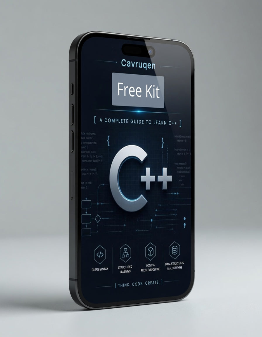 Phone displaying a C++ learning app with 'Cavruqen' branding on a gray background