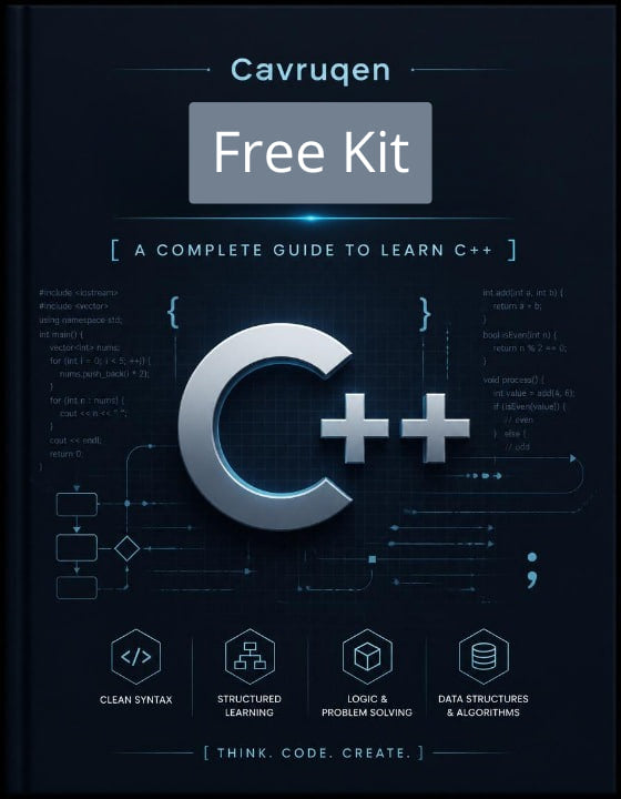 Cover of a book titled 'Cavruqen Free Kit' on a dark background with C++ symbols.