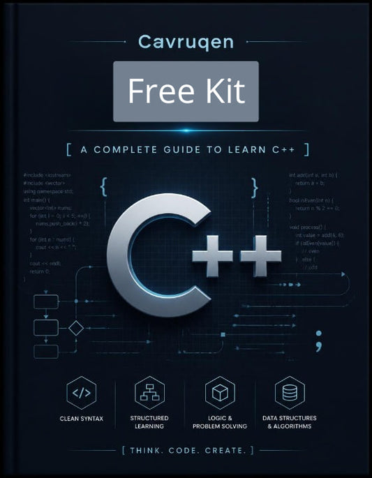Cover of a book titled 'Cavruqen Free Kit' on a dark background with C++ symbols.