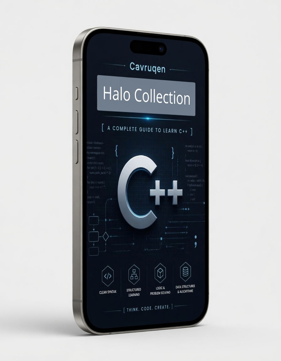 Phone case with C++ design and 'Cavruqen Halo Collection' branding on a white background