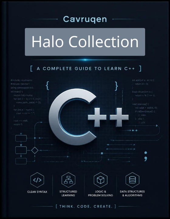 Book cover of 'Cavruqen Halo Collection: A Complete Guide to Learn C++' with technical design elements.