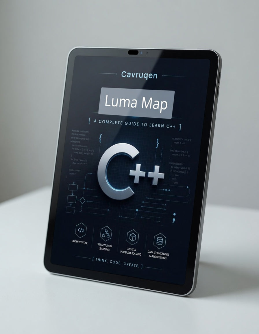 Tablet displaying a C++ learning guide on a white surface with a gray background