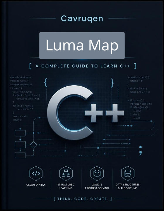Book cover of 'Luma Map: A Complete Guide to Learn C++' by Cavruqen on a dark background with coding-themed design.