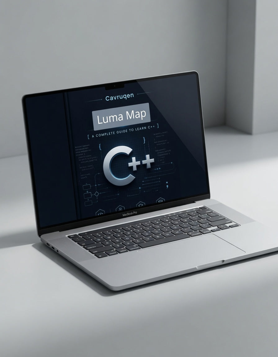 Laptop on a white surface with a dark screen displaying software interface.