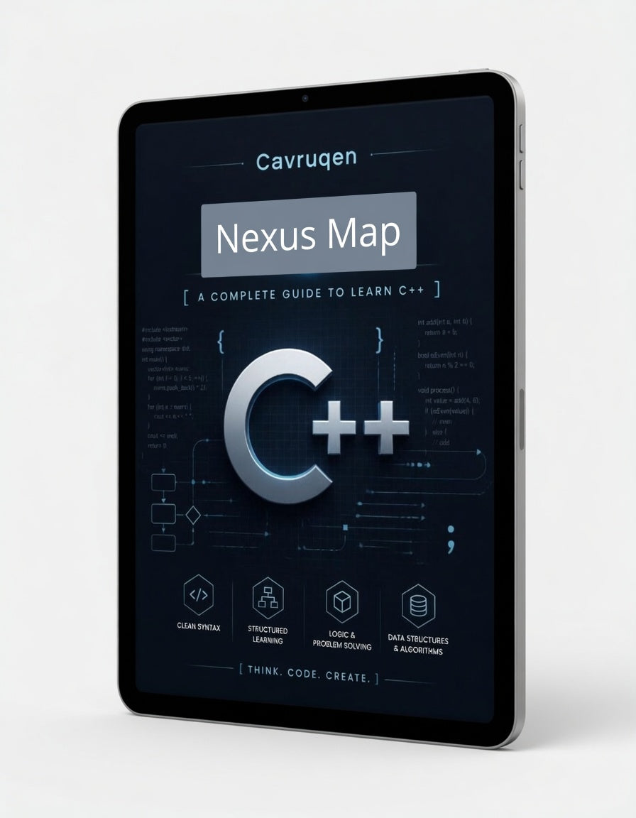 Tablet displaying the Cavruqen Nexus Map C++ learning guide on a white background