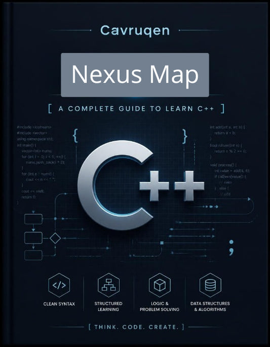 Book cover of 'Nexus Map: A Complete Guide to Learn C++' by Cavruqen on a dark background.