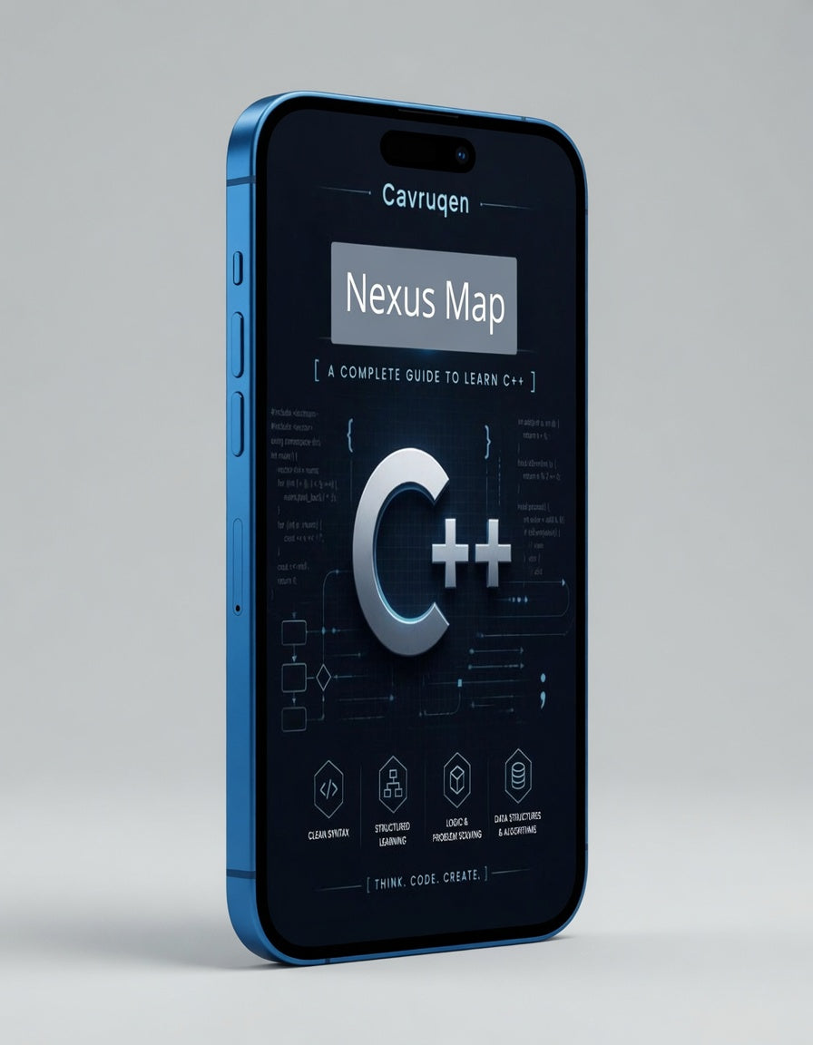 Blue smartphone displaying a C++ learning app on a gray background