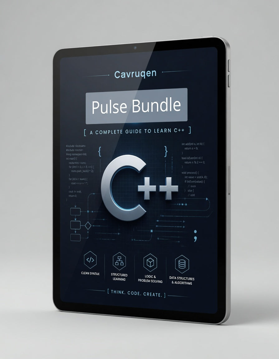 Tablet displaying a C++ guide on a gray background