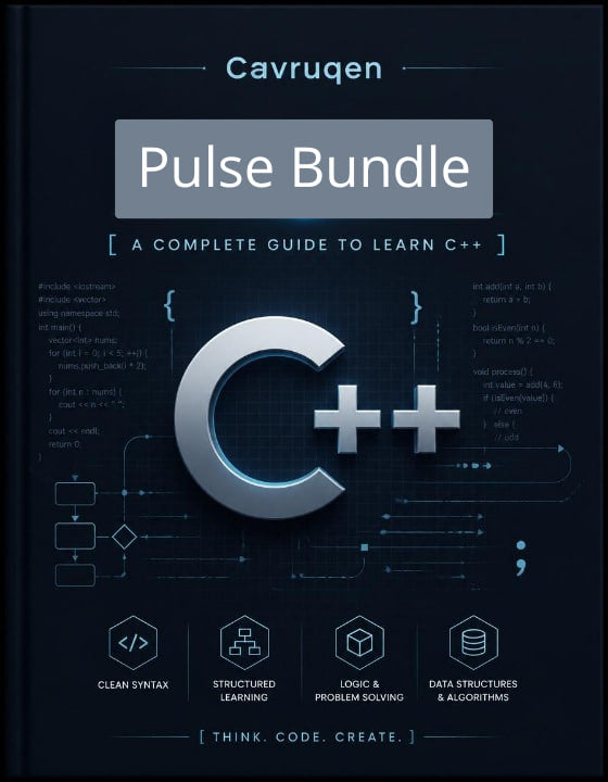 Book cover of 'Cavruqen Pulse Bundle' on a dark background with C++ symbols.