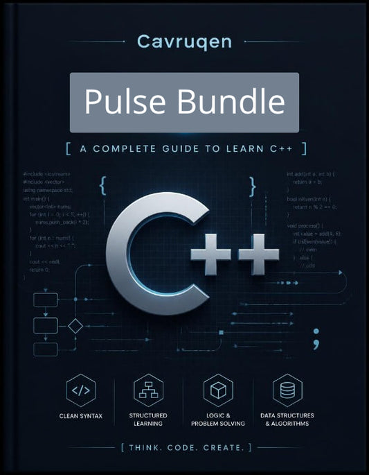 Book cover of 'Cavruqen Pulse Bundle' on a dark background with C++ symbols.
