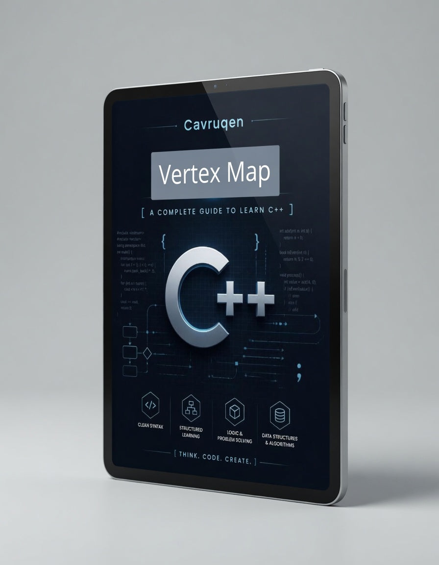 Tablet displaying a C++ learning app with 'Cavrugen' branding on a gray background