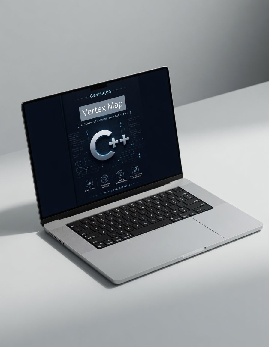Laptop on a white surface with a dark screen displaying software interface