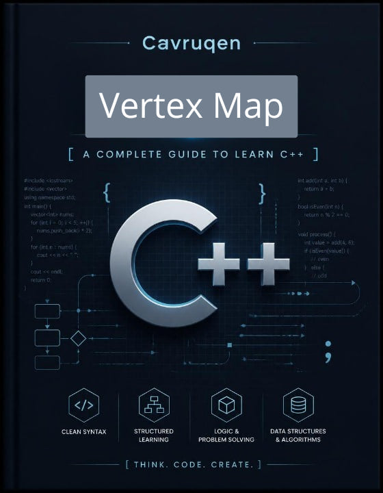 Book cover of 'Vertex Map: A Complete Guide to Learn C++' by Cavruqen on a dark background with coding symbols.