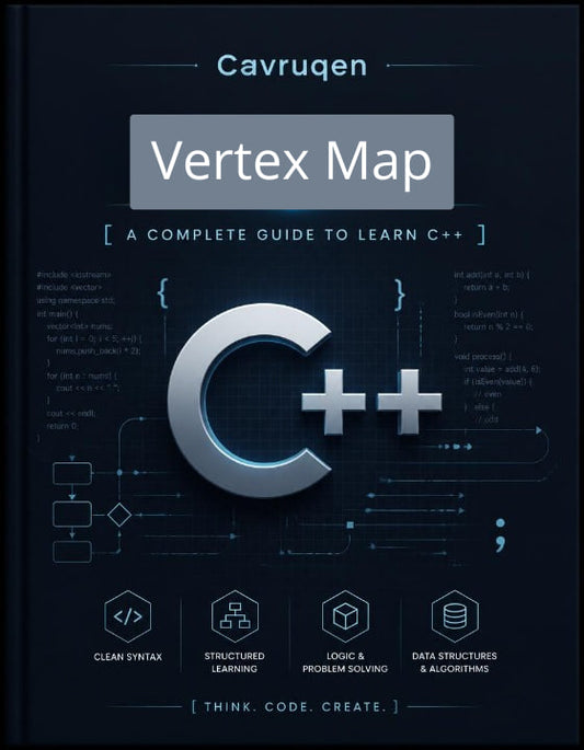 Book cover of 'Vertex Map: A Complete Guide to Learn C++' by Cavruqen on a dark background with coding symbols.